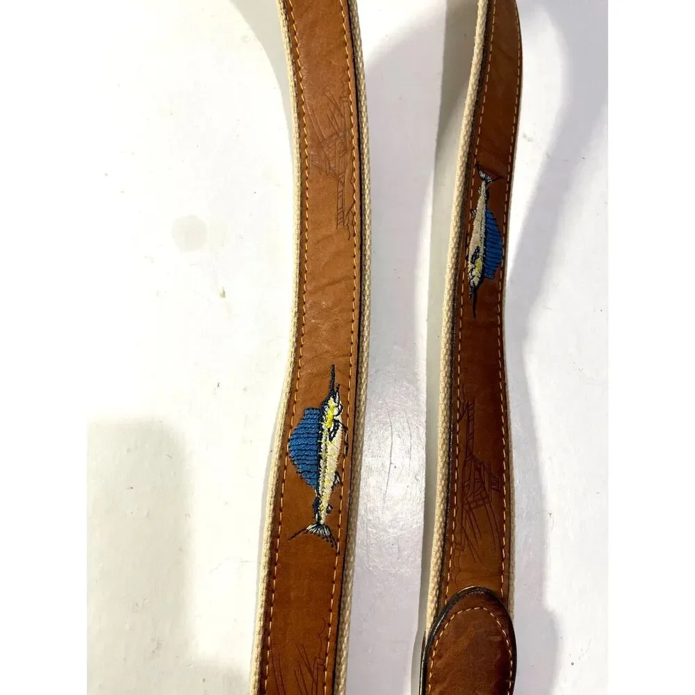 Genuine leather belt VTG USA made blue marlin embroidered fishing canvas men 48